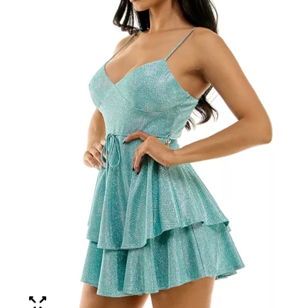 B Darlin Sparkling Aqua-Turquoise Tiered Mini Dress